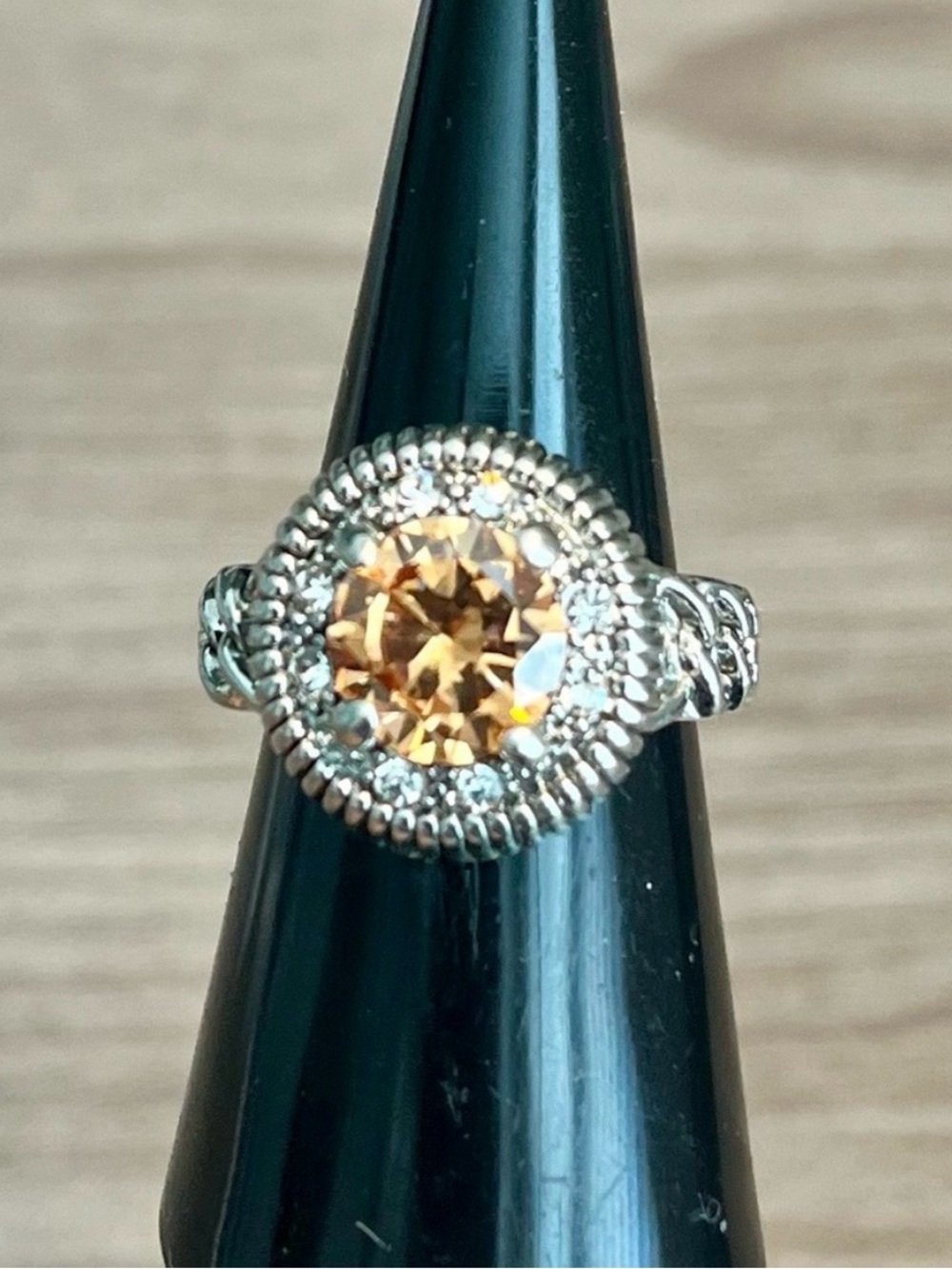 Elegant Silver-Tone Ring with Golden Citrine Center